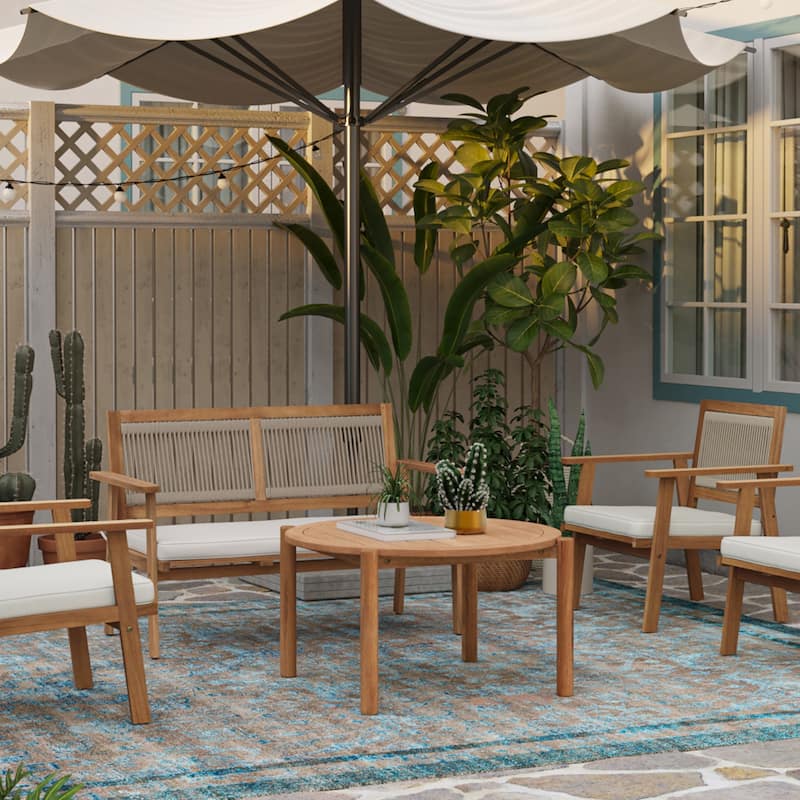 Natural Wooden Outdoor Coffee Table, Round Solid Wood Patio Table - 17.72" H