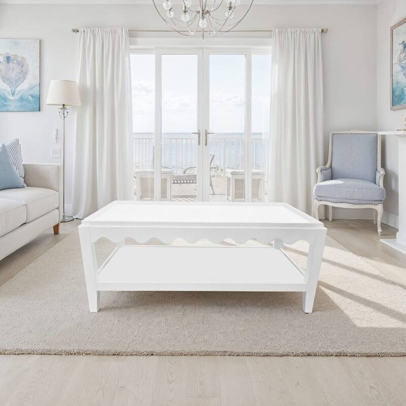 Carolina Chair & Table Scallop Coffee Table - Rectangular Mango Wood Side Table - Decorative Edge and Lower Shelf - White