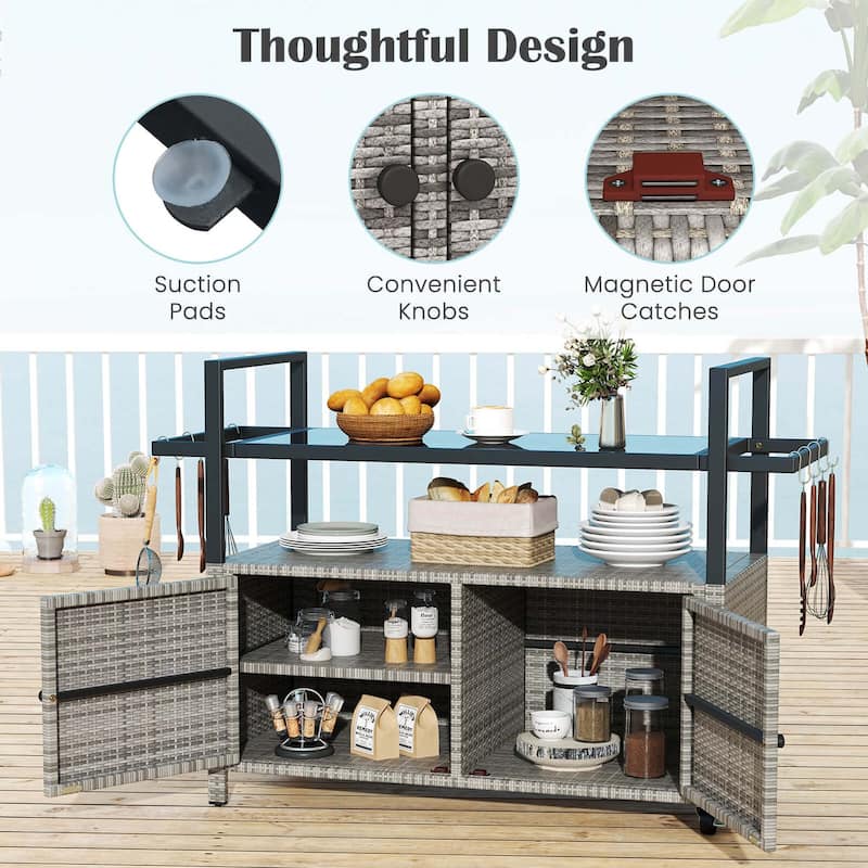 Costway Outdoor Bar Cart with Tempered Glass Top Storage Cabinet & 8 - See Details