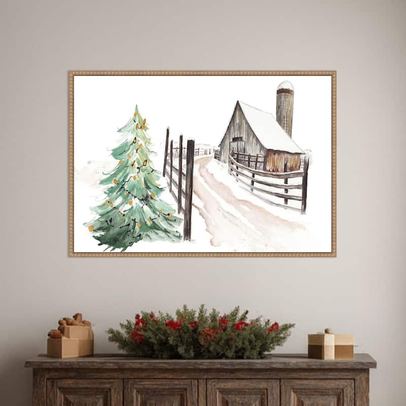 Snowy Vermont Farm by Patricia Pinto (33 x 23 in.), Framed Canvas Wall Art Print - Sylvie Beaded Rustic Natural