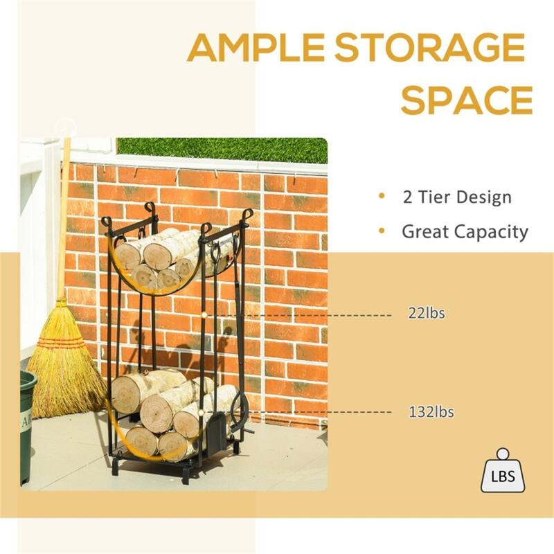 Black Steel Firewood Rack with Tools and Tall Multi-Tier Storage - 14.5" L x 13.75" W x 30.25" H