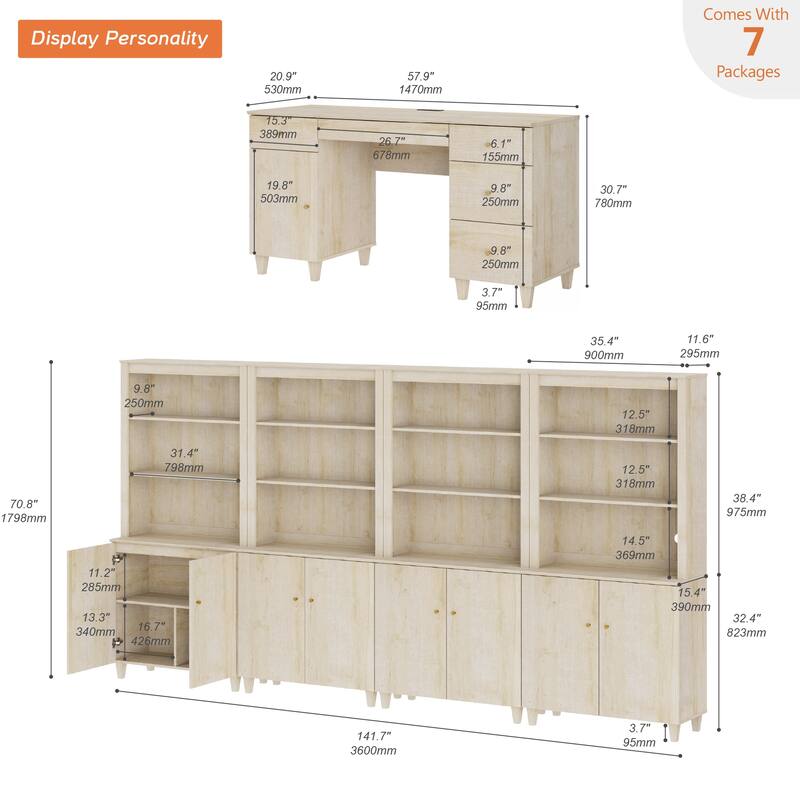 WAMPAT Home Office Furniture Set, 58" Executive Desk with Cabinet, 4-Column 71" Tall Bookcase with Doors and Adjustable Shelves