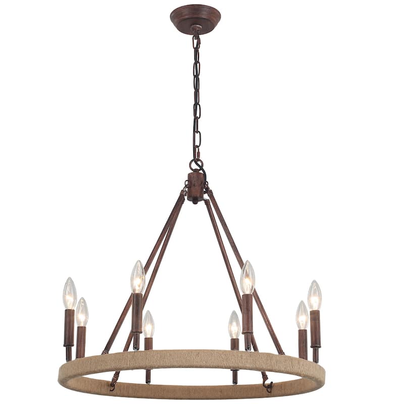 8-Light Rustic Hemp Rope Wagon Wheel Chandelier, Classic Farmhouse Chandelier for Dining Living Room - W23.62"x H20.47"