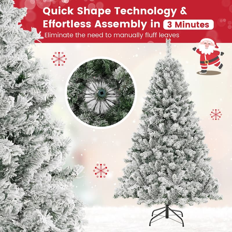 Gymax 6/7/8 FT Pre-Lit Snow-Flocked Xmas Tree 3-Minute-Setup