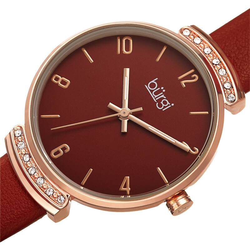 Burgi Women's Swarovski Crystal Classic Slim Leather Strap Watch - Red