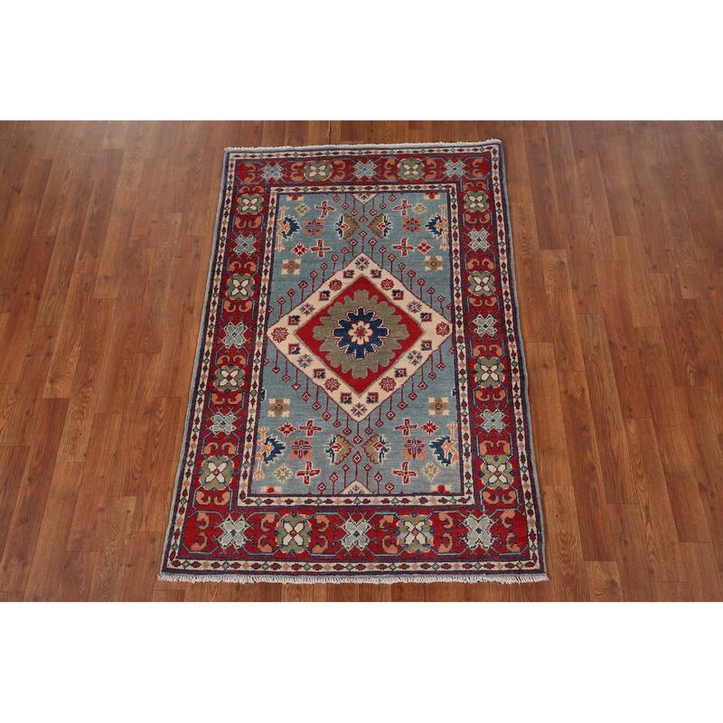 Light Blue Kazak Foyer Rug Hand-Knotted Wool Carpet - 3'3" x 4'11"