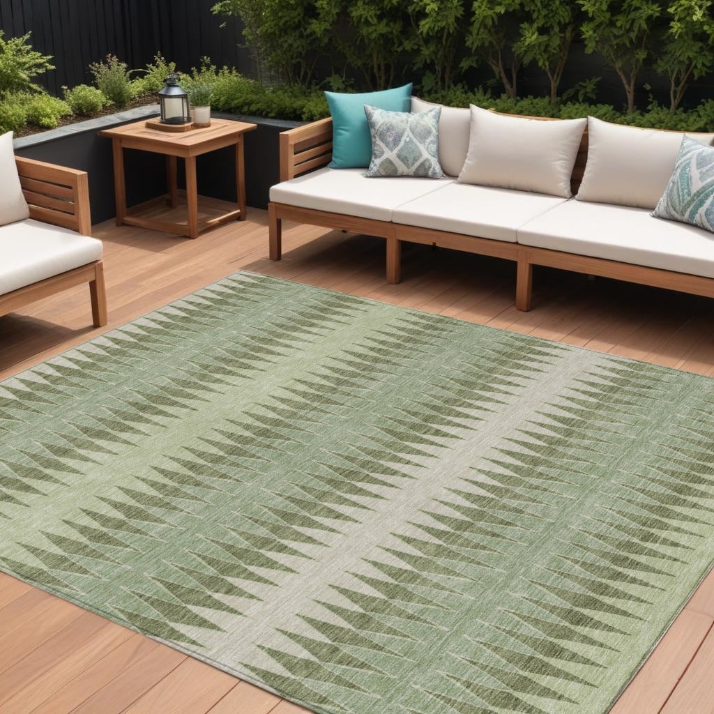 Artichoke Green And Light Green Striped Washable Indoor Outdoor Area Rug - 8' X 10'
