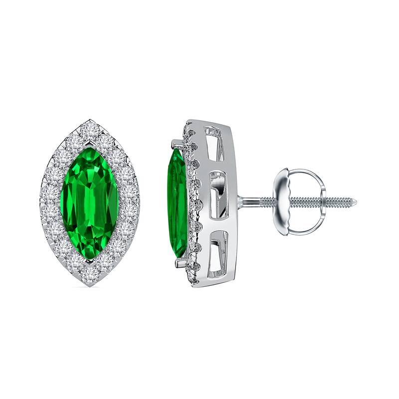 Auriya 14k Gold Lab Grown Gemstone Green Emerald Stud Earrings Marquise 0.25 to 5.00 ct. tw. Halo Screw-Back - 2.50ct tgw. - White