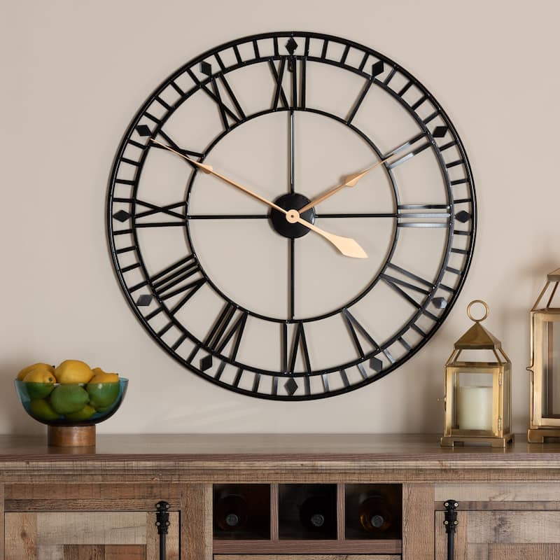 Janette Classic Contemporary Black and Gold Finished Metal Wall Clock