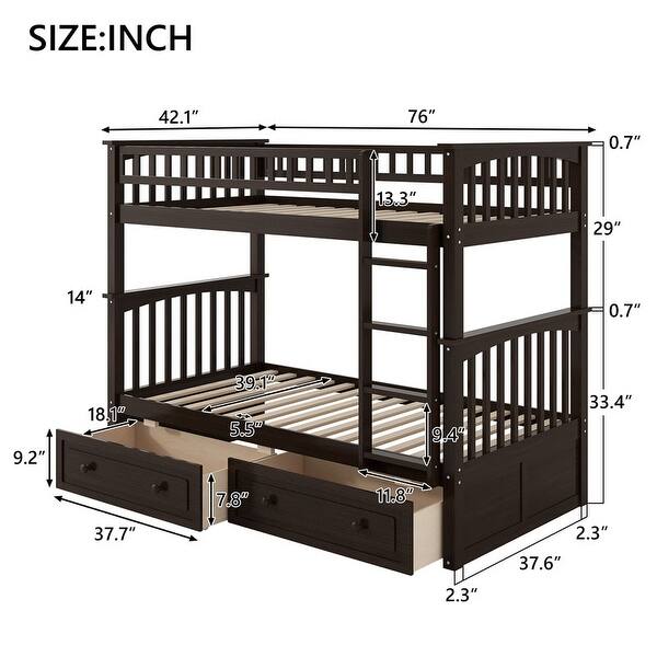 Espresso Convertible Twin Over Twin Bunk Bed With Drawers With Fence-shaped Guardrail