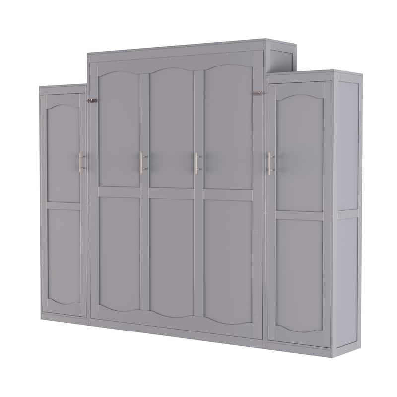 Murphy Bed, Wooden Wall Bed with 2 Wardrobe and Storage Shelf