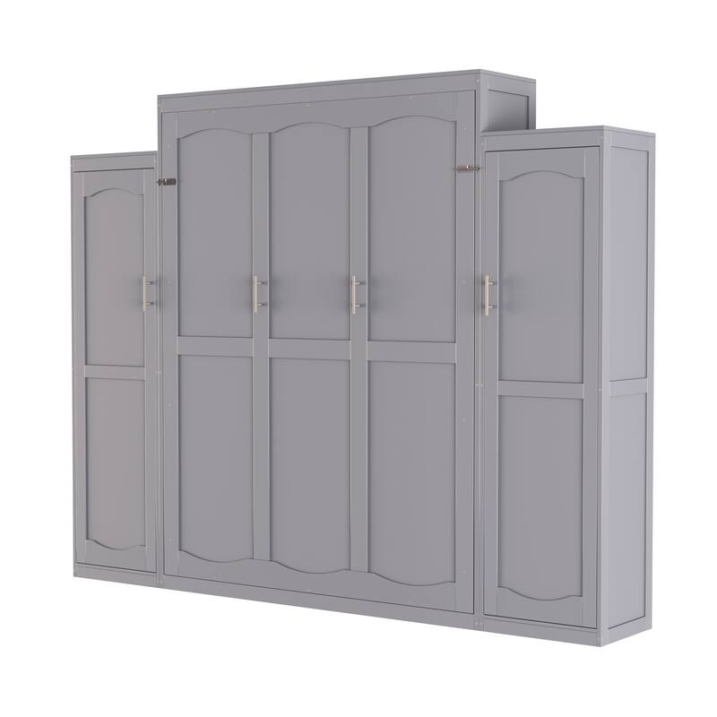 Space-Saving Queen Murphy Bed with Dual Wardrobes & Storage Shelf, Foldable Platform Bedframe for Guest Room or Bedroom, Gray