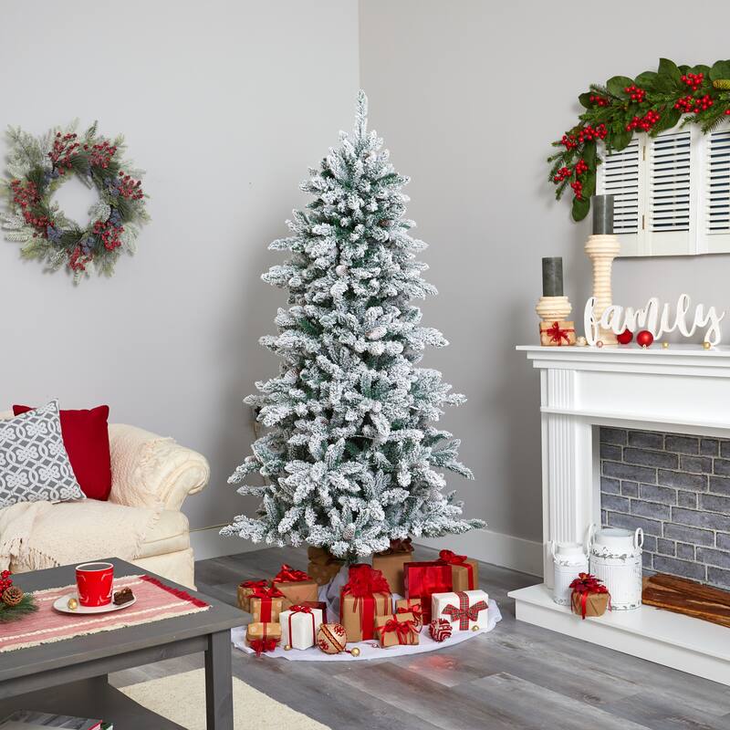 6’ Flocked Livingston Fir Cones Artificial Christmas Tree, Clear LED - 6 Foot