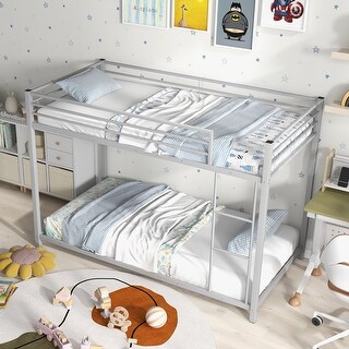Gymax Twin Over Twin Low Metal Bunk Bed with Ladder Guardrails for