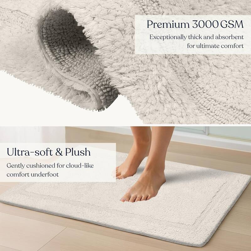 Delara Organic Cotton Reversible Bath Mat, 3000 GSM, GOTS Certified, Ultra-Thick & Super Absorbent, Quick-Drying Bathroom Rug