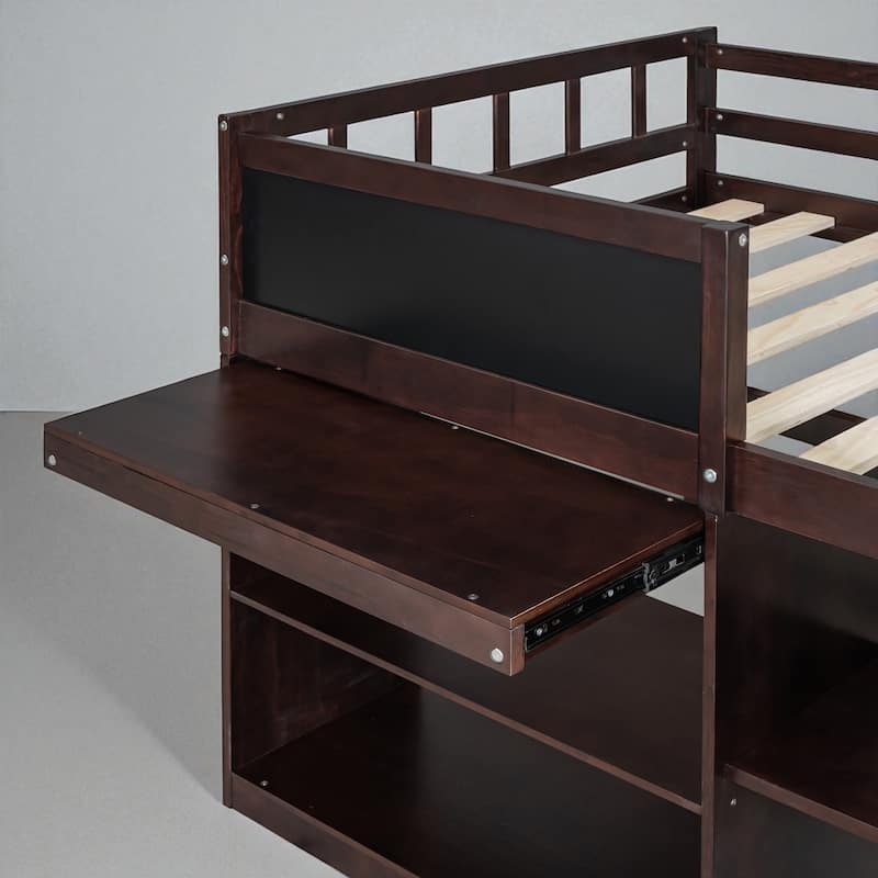 Twin Size Low Loft Bed with Rolling Desk, Storage Drawers and Bookshelf, Pine Wood Frame