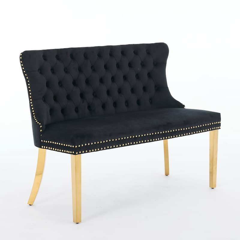 Velvet Double Dining Loveseat Bench, 2-Seat Tufted Bench w/Handmade Buttons, Wing Back, Gold-Plated Steel Legs, Single Pack