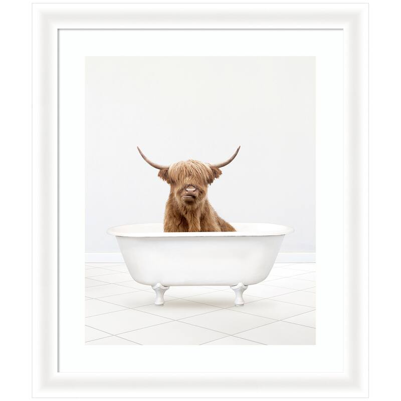 Kate and Laurel Highland Cow Solo Bathtub by Amy Peterson Framed Wall Art Print - 23 x 27 - White