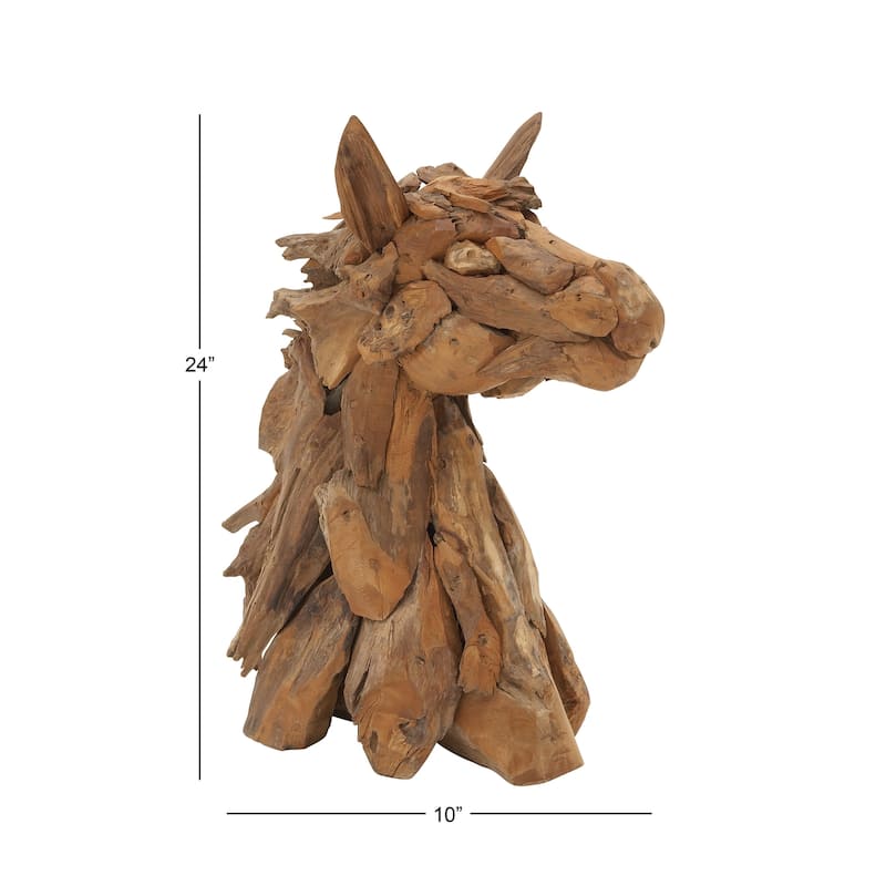 Teak Wood Horse Handmade Head Decorative Sculpture with Layered Woodchip Pieces - Brown - Roche River Decor