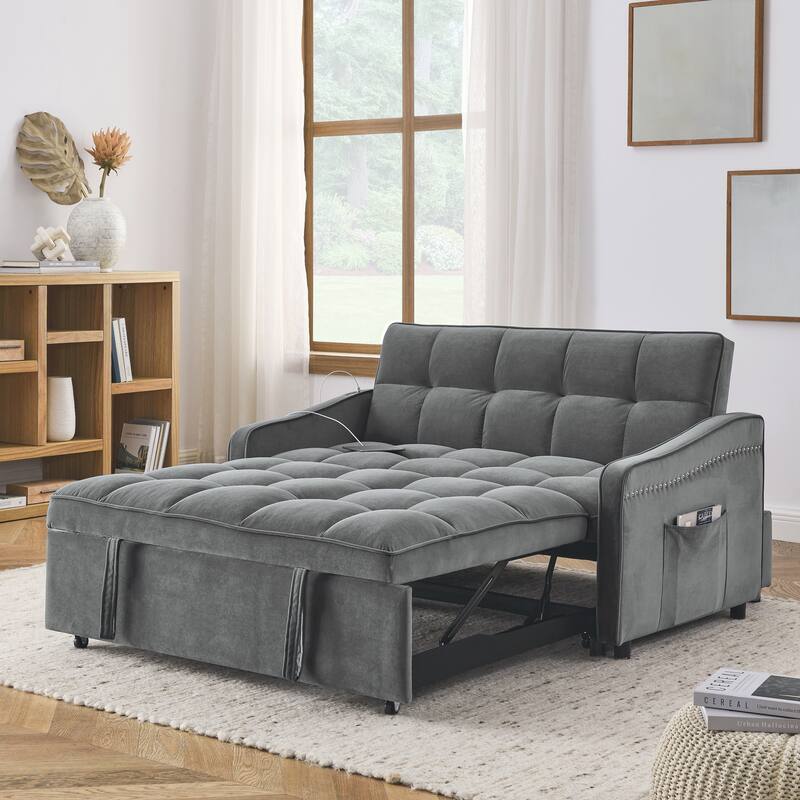 Loveseats Sofa Bed with Pull-out Bed,Adjsutable Back and Two Arm Pocket