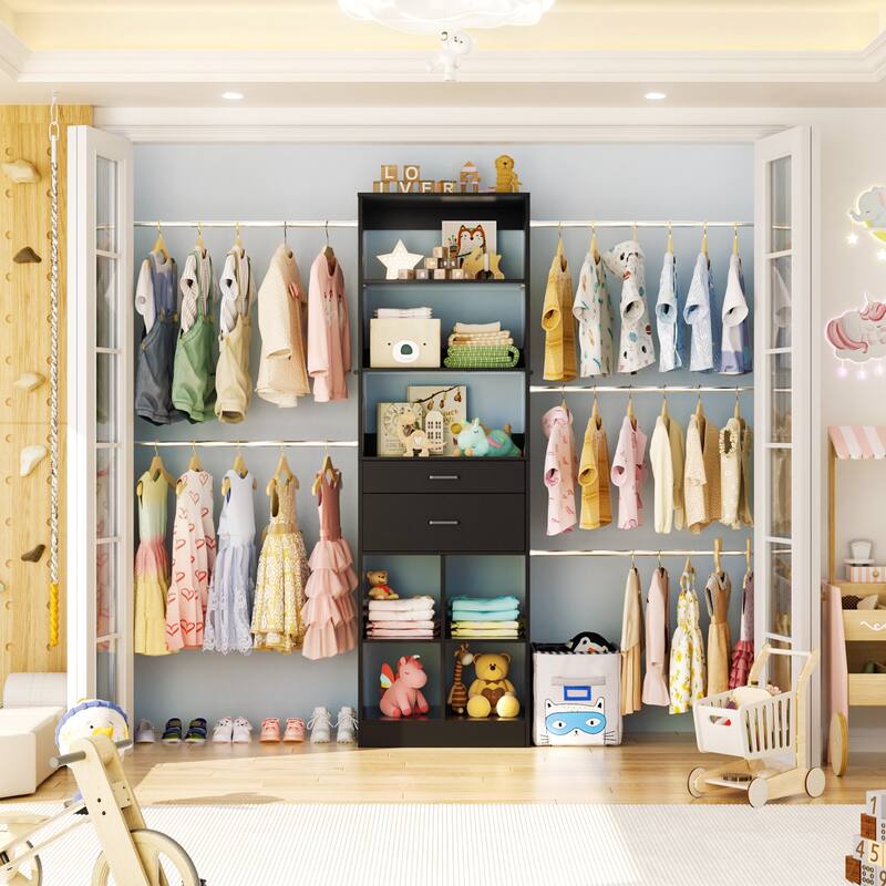 66''-100'' Walk-in Closet Organizer with 5 Hanging Rods and 2 Wooden Drawers，4-8FT Sturdy Closet System with Storage Shelves