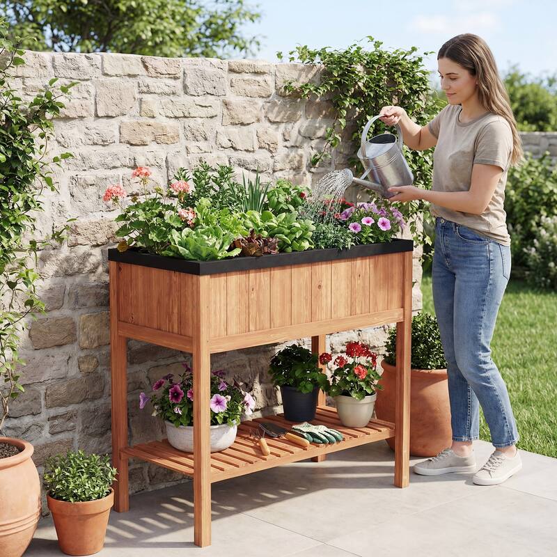 Gymax Wooden Raised Garden Bed w/ Legs Liner Storage Shelf Large