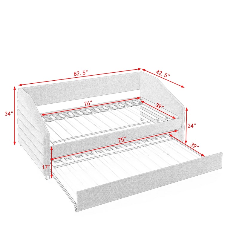 Linen Fabric Upholstered Daybed with Pull-Out Trundle or Storage Drawers, Tufted Sofa Bed Frame with Wood Slat Support