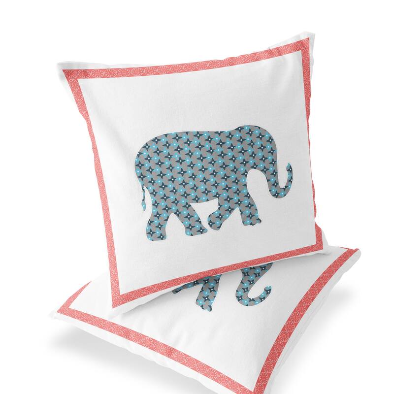 HomeRoots Set of Two 16" X 16" Blue and White Elephant Blown Seam Animal Print Indoor Outdoor Throw Pillow