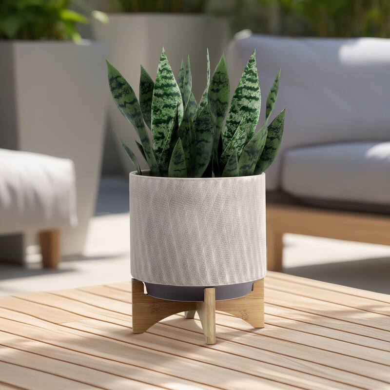 Sagebrook Home Modern Neutral Tan Ceramic Planter with Mesh Design on Stand