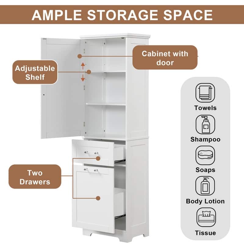 68"Tall Bathroom Storage Cabinet,Freestanding Storage Cabinet with Two Different Size Drawers and Adjustable Shelf,White