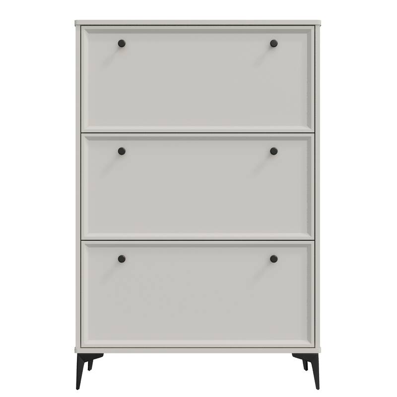 Modern White Shoe Cabinet with 3 Flip Drawers, Narrow Organizer