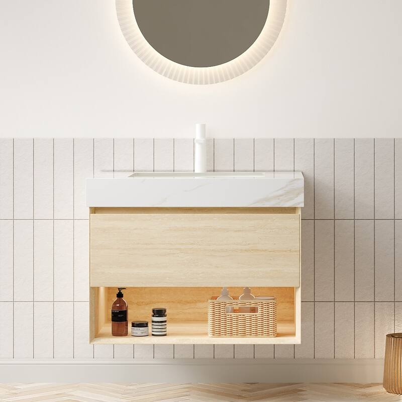 GDFStudio - Frigga Modern Floating Beveled Edge Bathroom Vanity with Sensor Light & Calacatta Gold Sintered Stone Top - 30"
