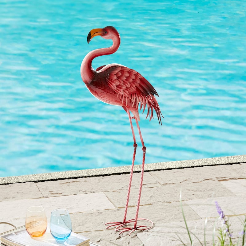 Glitzhome Metal Standing Crane Flamingo Garden Statue with Stakes Yard Art Sculpture Porch Decor