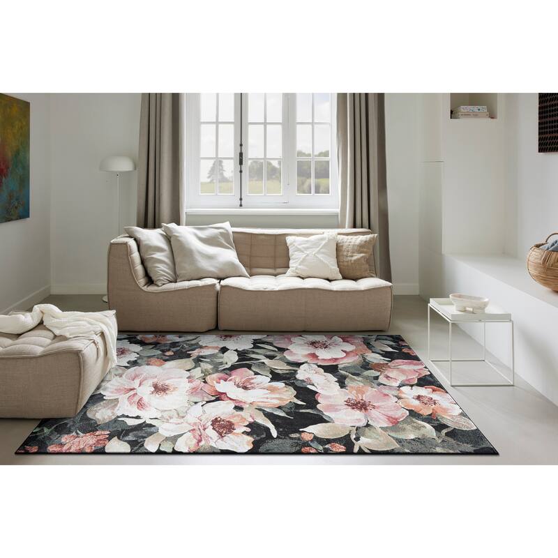 Essentials Eleanor Black, Blush, Pink, Rose, Peach and Green Polyester Area Rug - 2'3" x 12' Runner - Black+ Flower