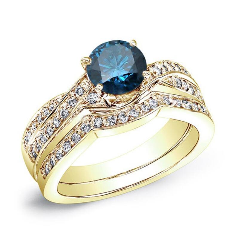Auriya 14k Gold 3/4ctw Twisted Round Blue Diamond Engagement Ring Set