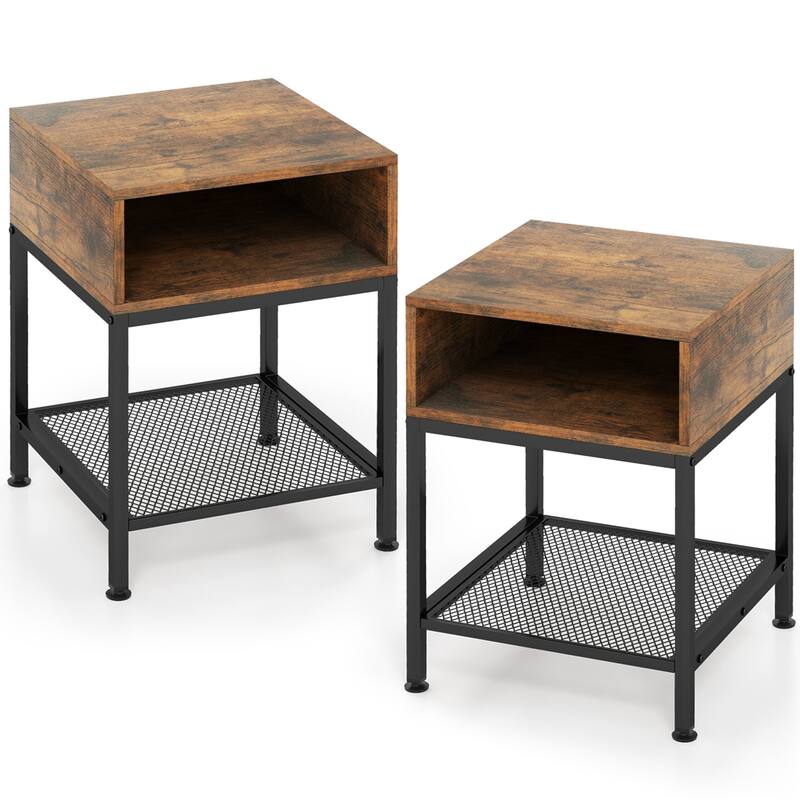 2 PCS 3-tier Wood Top End Table w/ Metal Frame Storage Cube & Mesh - See Details