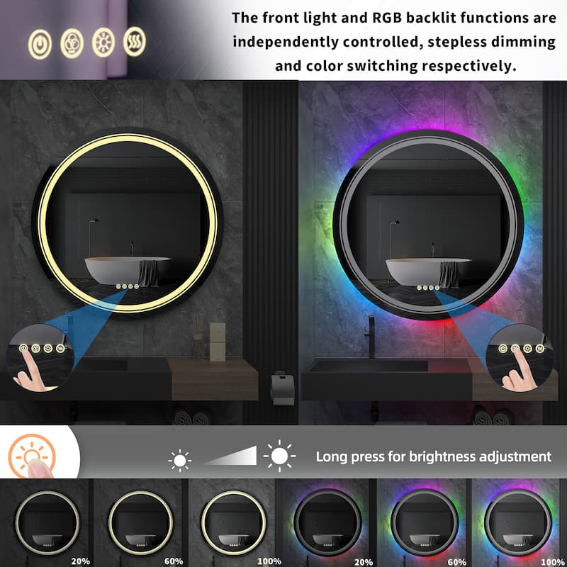 RGB Color Changing Front Back light Mirror Shatterproof Dimmable Anti-Fog Vanity Mirror ambient lighting