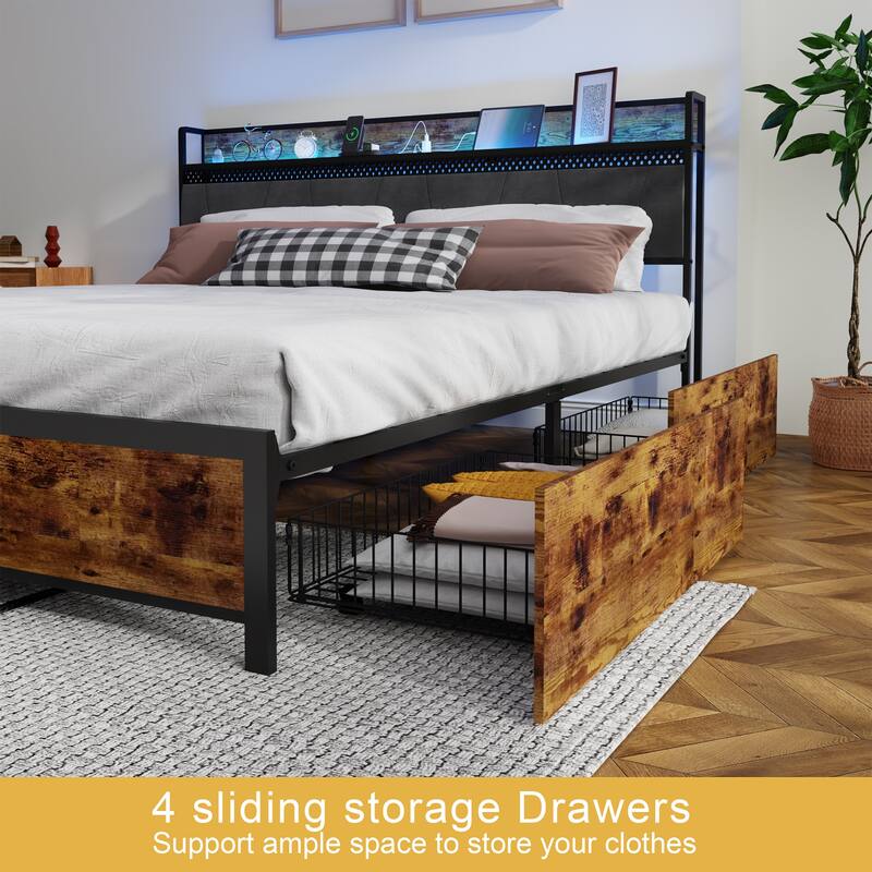 Queen Size Metal Platform Bed Frame with LED RGB Headboard, 4 Rolling Storage Drawers, Built-In Charging Station