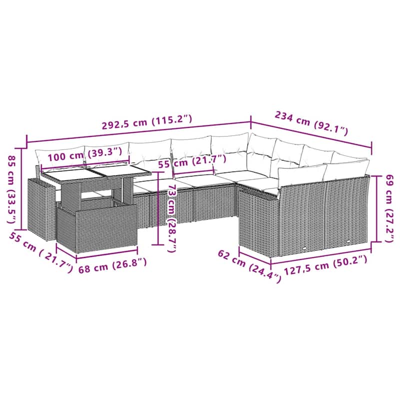vidaXL Patio Sofa Set with Cushions Outdoor Furniture 10 Piece Poly Rattan - 24.4 x 24.4 x 27.2