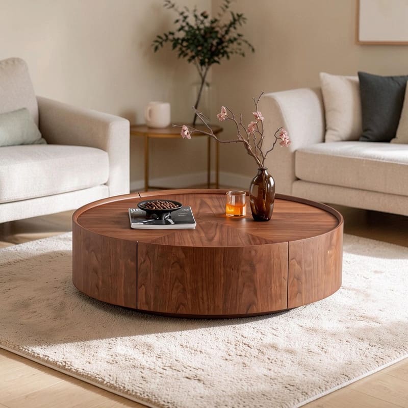 35.4" Round Walnut Coffee Table, Modern Circular Wood Table
