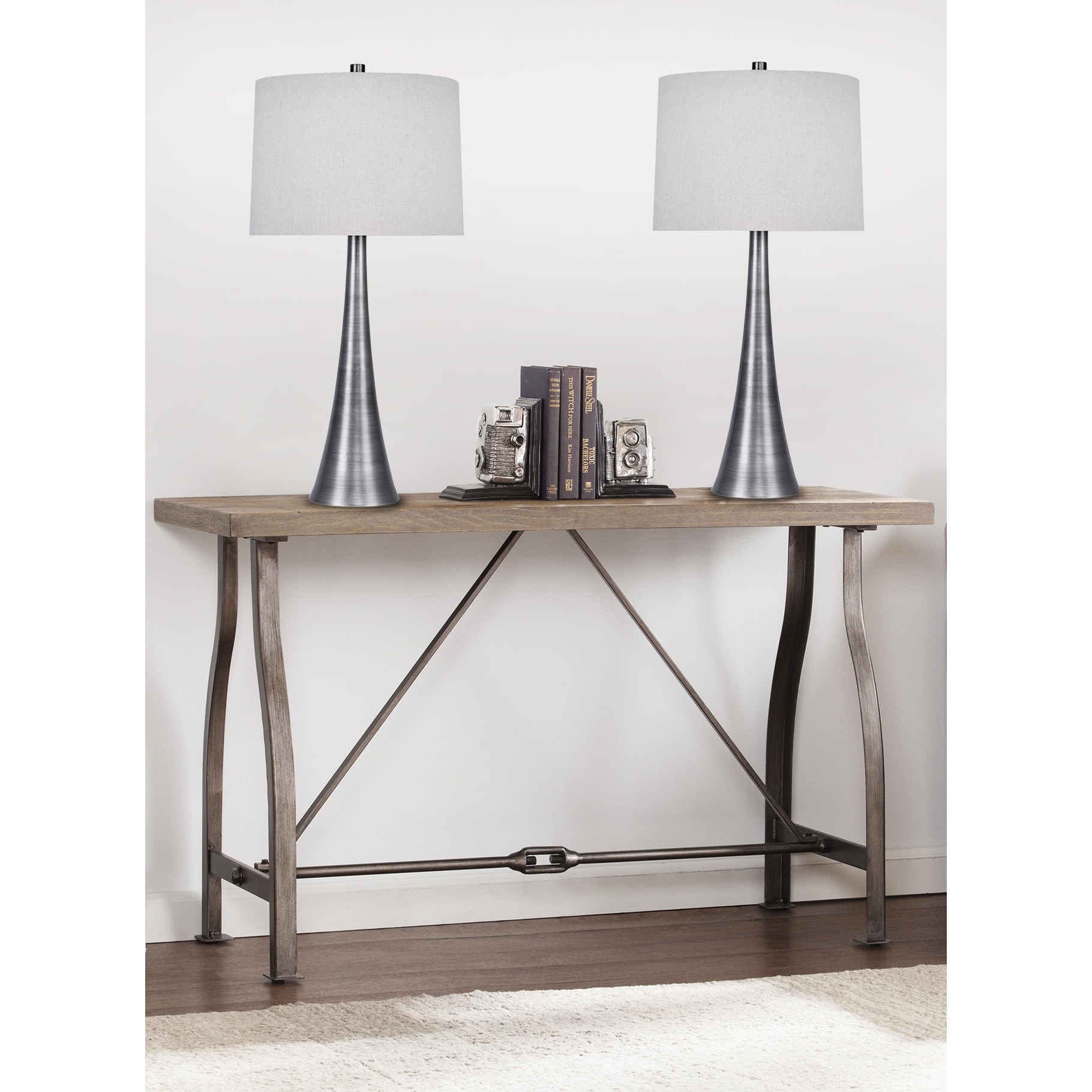 29 5 Metal Table Lamp Set With Tapered Curve Design And Off White Linen Drum Shades Overstock 29167654