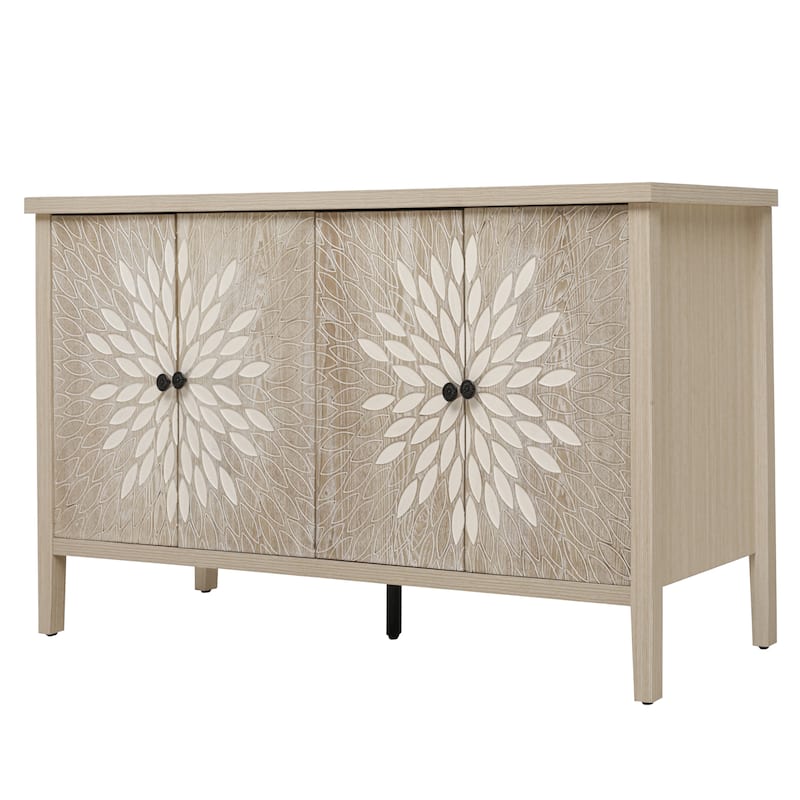 4 Door Carved Storage Cabinet, Multifunctional Wooden Sideboard Cabinet, Accent Cabinet with Adjustable Shelves & Support Feet