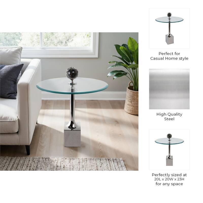 Glass Top Accent Side Table with Sculptural Base Round Modern Design - 20" x 20" x 23"