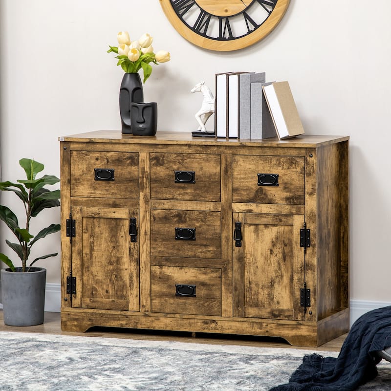 HOMCOM Industrial Kitchen Sideboard, Buffet Cabinet with Five Drawers, Two Door Cabinets, Adjustable Shelf