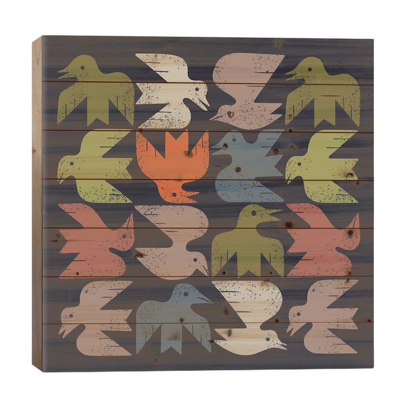 Midcentury Bird Grid (Black) Print On Wood by Renea L. Thull - Multi-Color - 26x26x1.5