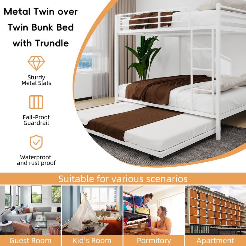 Full Size Metal Bunk Bed with Trundle, Safety Rails, Easy Assembly, Ideal for Kids and Guest Rooms