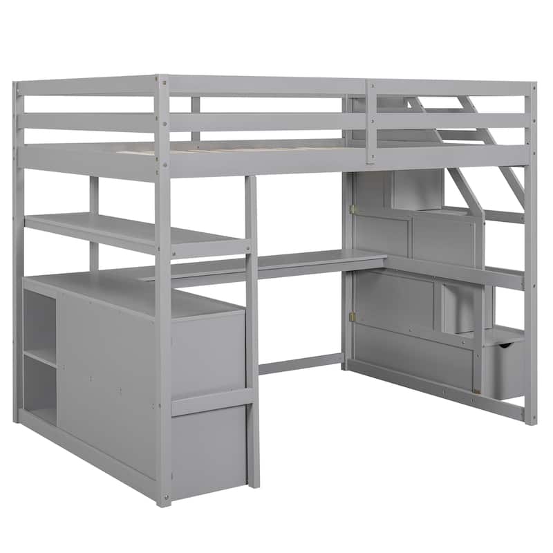 Full Size Loft Bed with Desk, Shelves, Drawers, and Storage Staircase in Gray