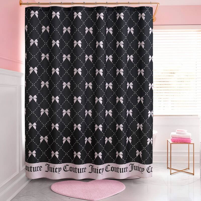 Juicy Couture 13-Piece Shower Curtain and Hooks Set - Black/Light Pink Bow Trellis