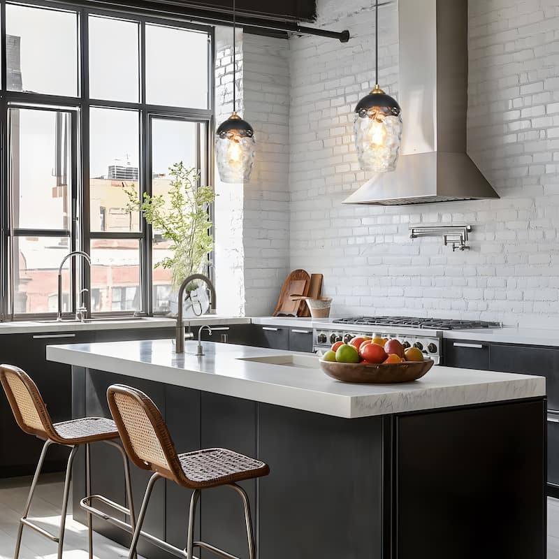 Modern Contemporary Black Gold Hammered Glass Kitchen Island Pendant Light for Dining Room