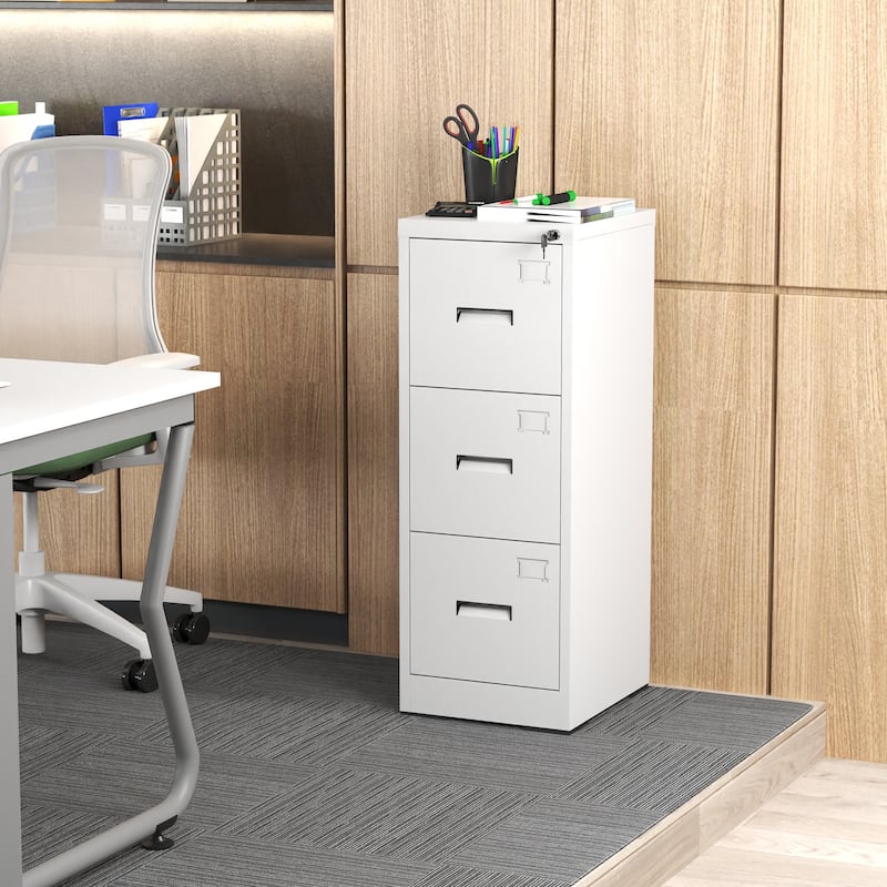 Modern Narrow File Cabinet Vertical Filing Cabinet with 3 Drawers, Locks and Card Slots, for Home Office, White
